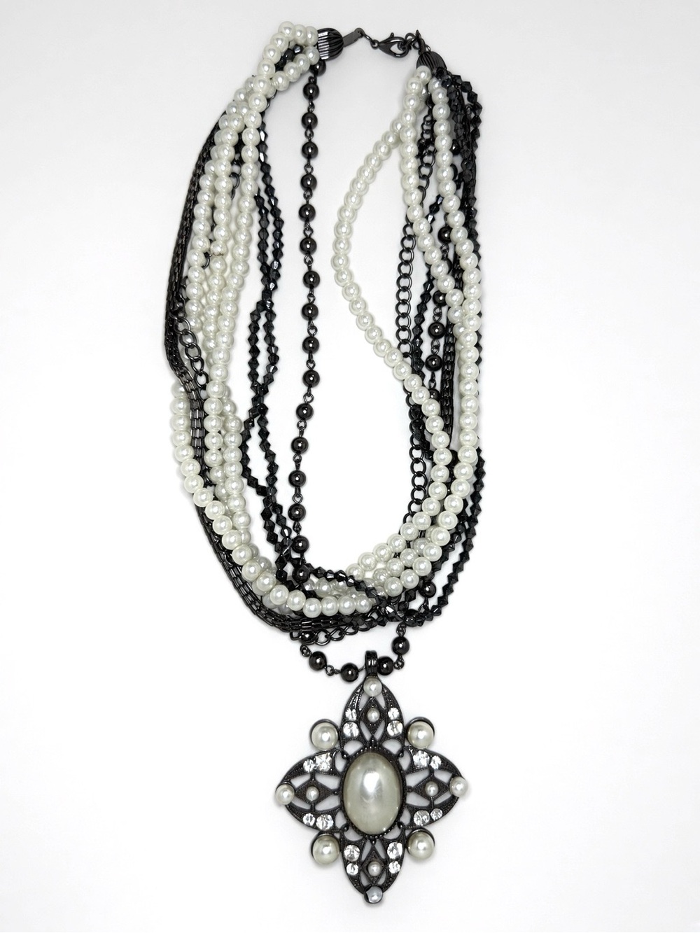 Multi Strand Faux Pearl Gunmetal Filigree Pendant Necklace Statement 16”